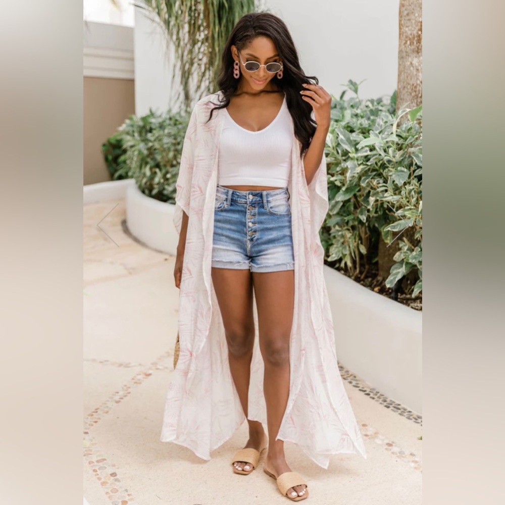 Pink Palm printed kimono/duster